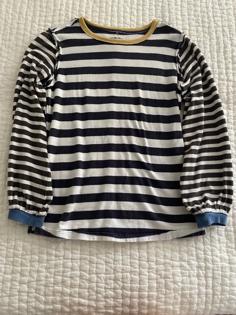 Navy & White Striped Long-Sleeve Tee with Yellow Neckline